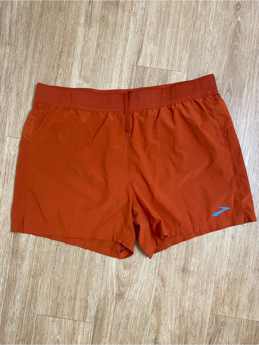 Brooks Men's Athletic Shorts Orange with Blue Logo sherpa 5”